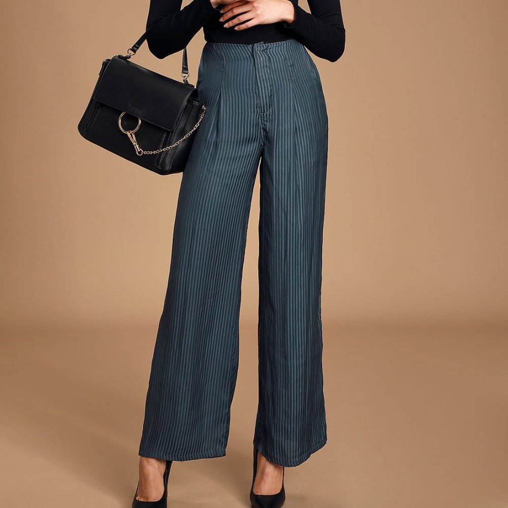 Lulu's PrimeTime Navy Striped Satin Wide Leg Pants